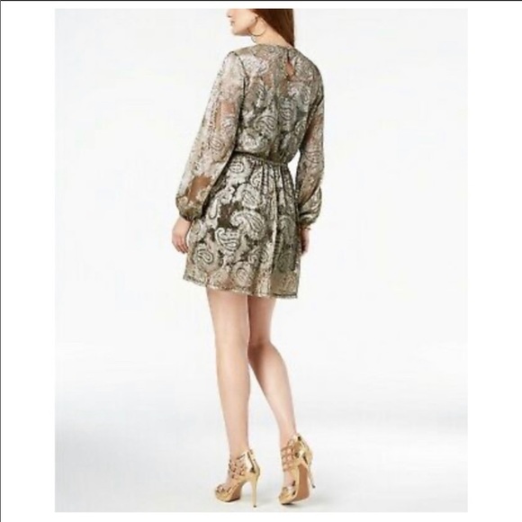MICHAEL Michael Kors Gold Black Foil Paisley Long Sleeve Overlay Midi Dress - Picture 9 of 11